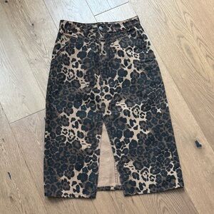 French Leopard Print Fromt Slit Denim Midi Skirt - Size Small - EUC